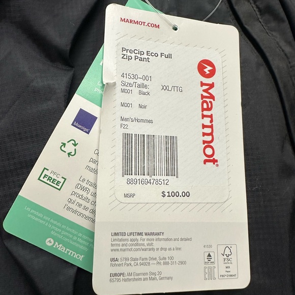 Marmot Men's PreCip Eco Full-Zip Pant New With Tags Size XXL - Picture 2 of 2